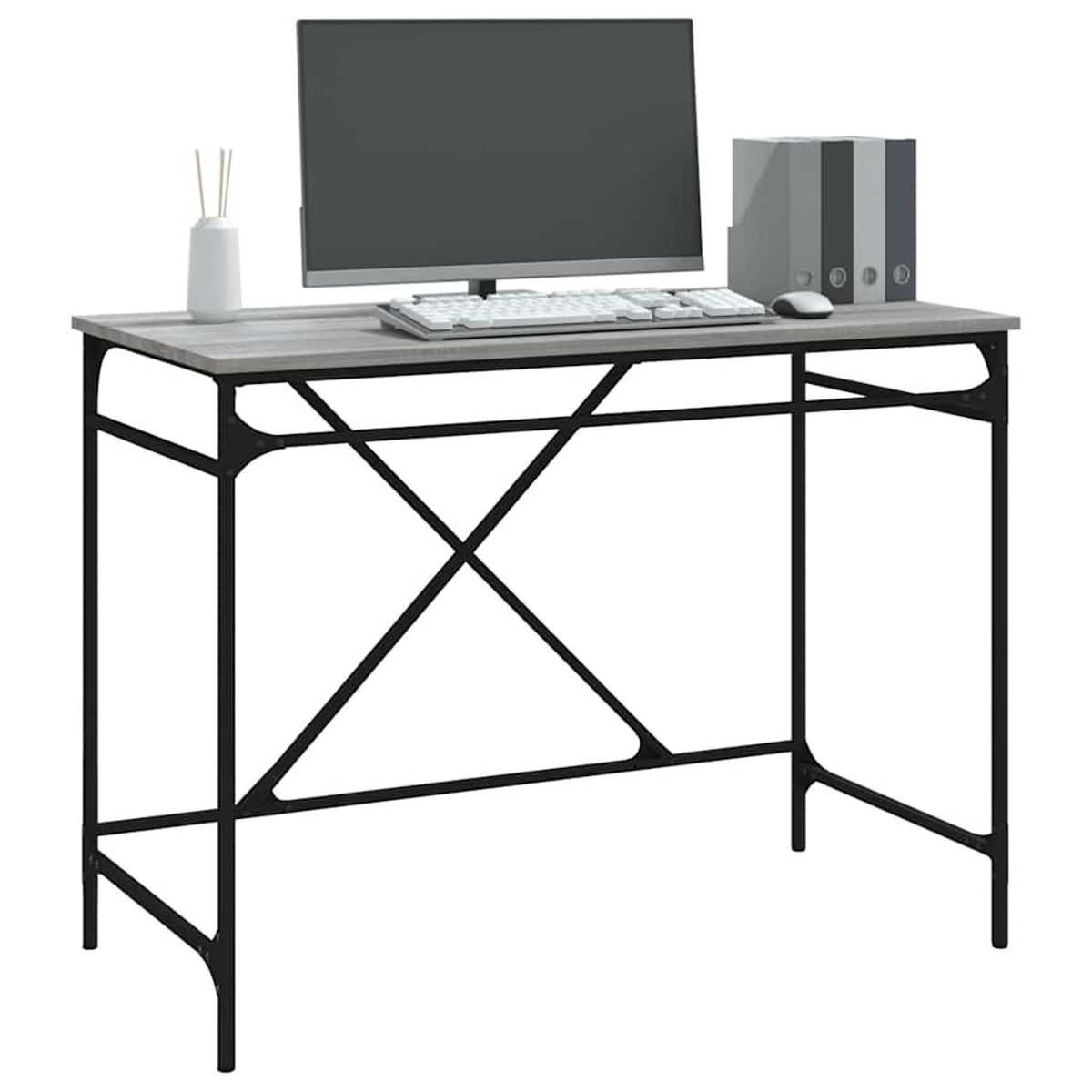 Ein Computertisch mit Monitor, Tastatur und Maus. Auf der Oberseite befinden sich auch Ordner und eine Vase. Der Schreibtisch hat ein schwarzes Metallgestell.