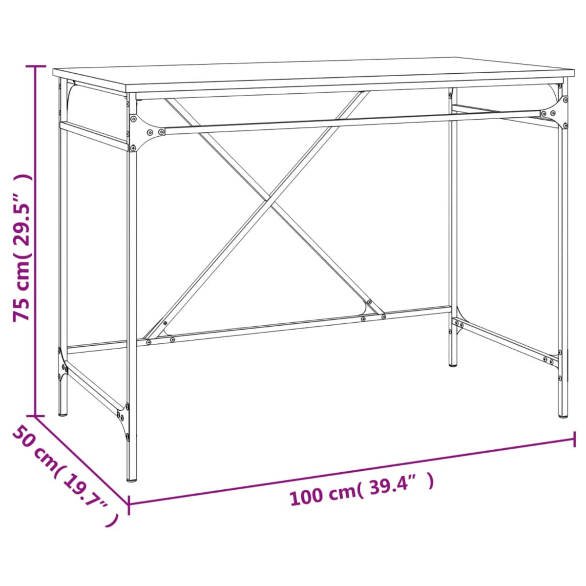 Eine schematische Zeichnung eines rechteckigen Tisches. Er hat Metallbeine, eine Tischplatte und die Maße: 100 cm, 75 cm und 50 cm.