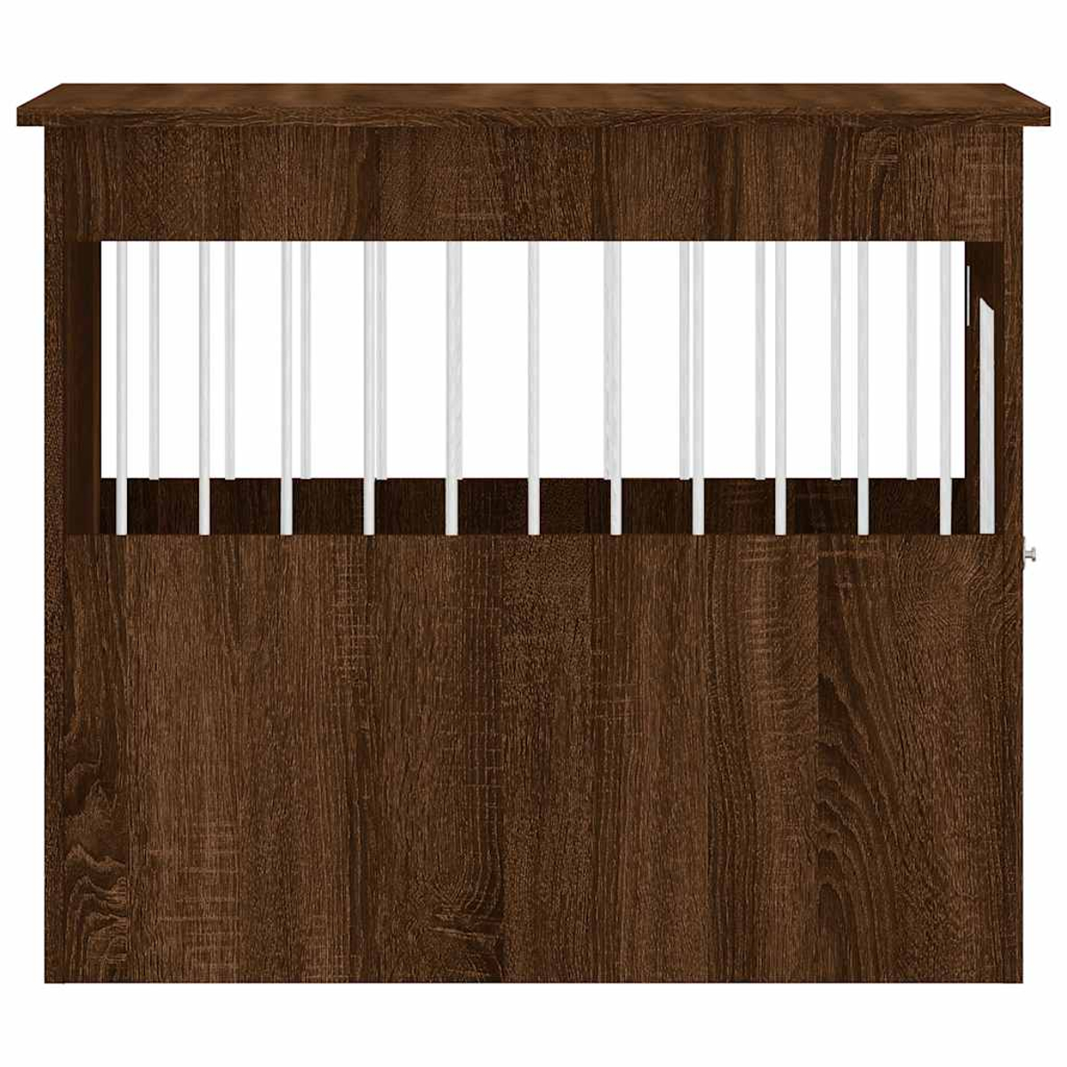 Ein brauner Holzschrank mit weißen Stäben im mittleren Bereich. Ober- und Unterseite sind massiv, mit kleinem Griff an der Seite.
