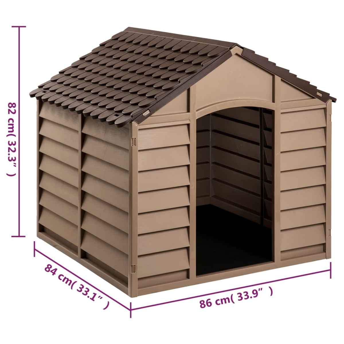 Ein beige-braunes Kunststoffhaus mit Maßangaben. Es hat ein schindelgedecktes Dach und einen bogenförmigen Türrahmen.