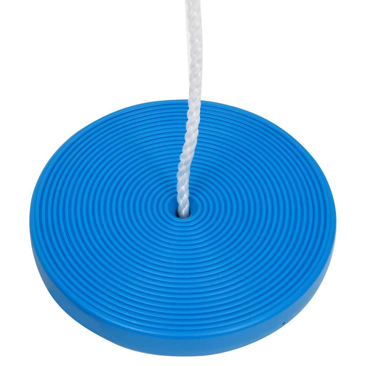Eine blaue Scheibenschaukel mit konzentrischen Ringen. Ein weißes Seil hängt von der Mitte der Scheibe.
