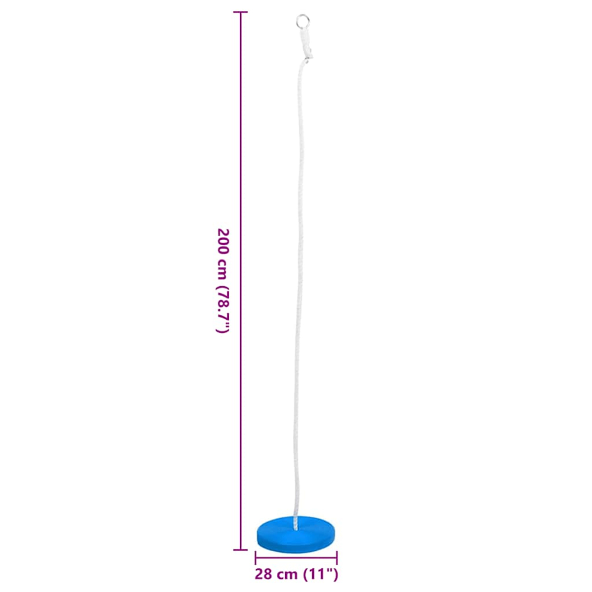 Eine blaue Scheibenschaukel hängt an einem weißen Seil. Die Maße sind angegeben: 200 cm (78,7") hoch und 28 cm (11") breit.