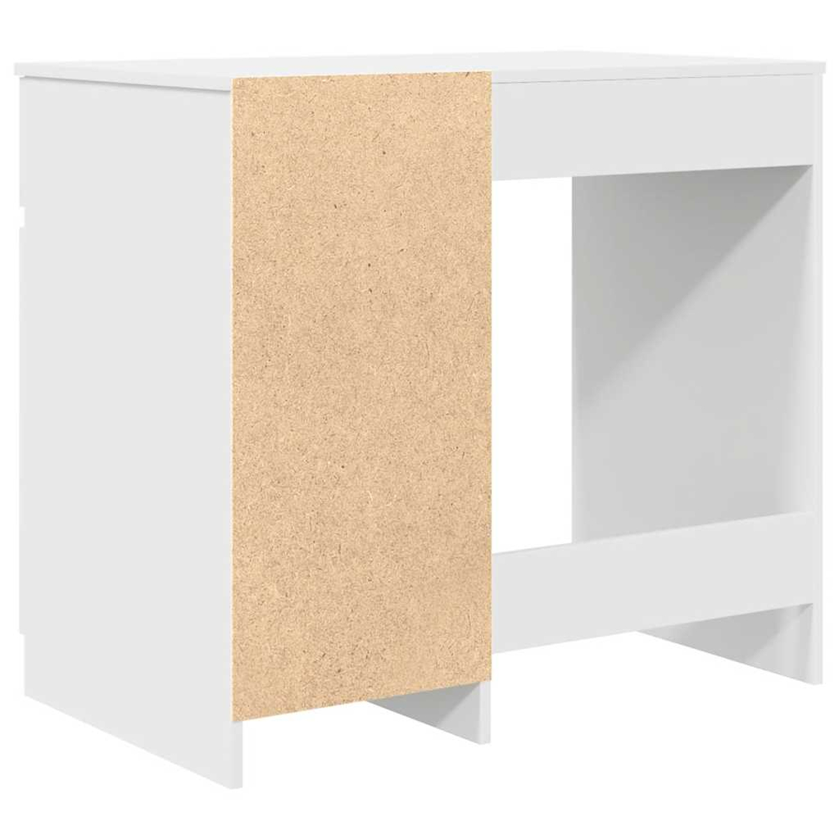 Weißer Schreibtisch mit einer Holzseitenwand. Der Schreibtisch hat eine rechteckige Oberseite und einen Ausschnitt für die Beine. Die Seitenwand ist hellbraun.