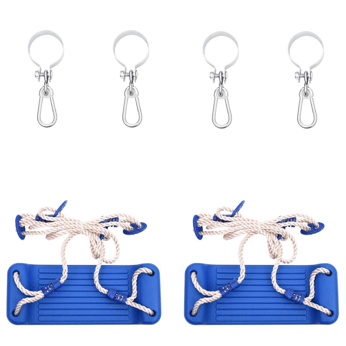 Due sedili di altalena blu con corde bianche e quattro anelli metallici appesi su sfondo bianco.