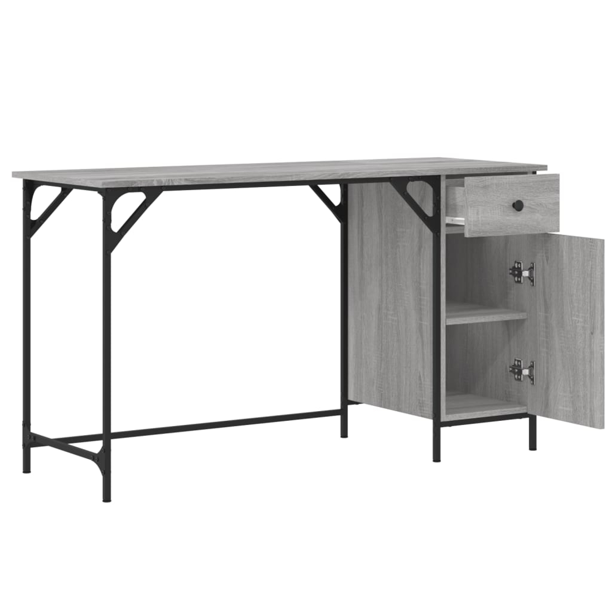 Ein grauer Schreibtisch mit schwarzen Metallbeinen und -stützen. Er hat eine Schublade und einen Schrank mit Regalen. Die Tür ist offen.