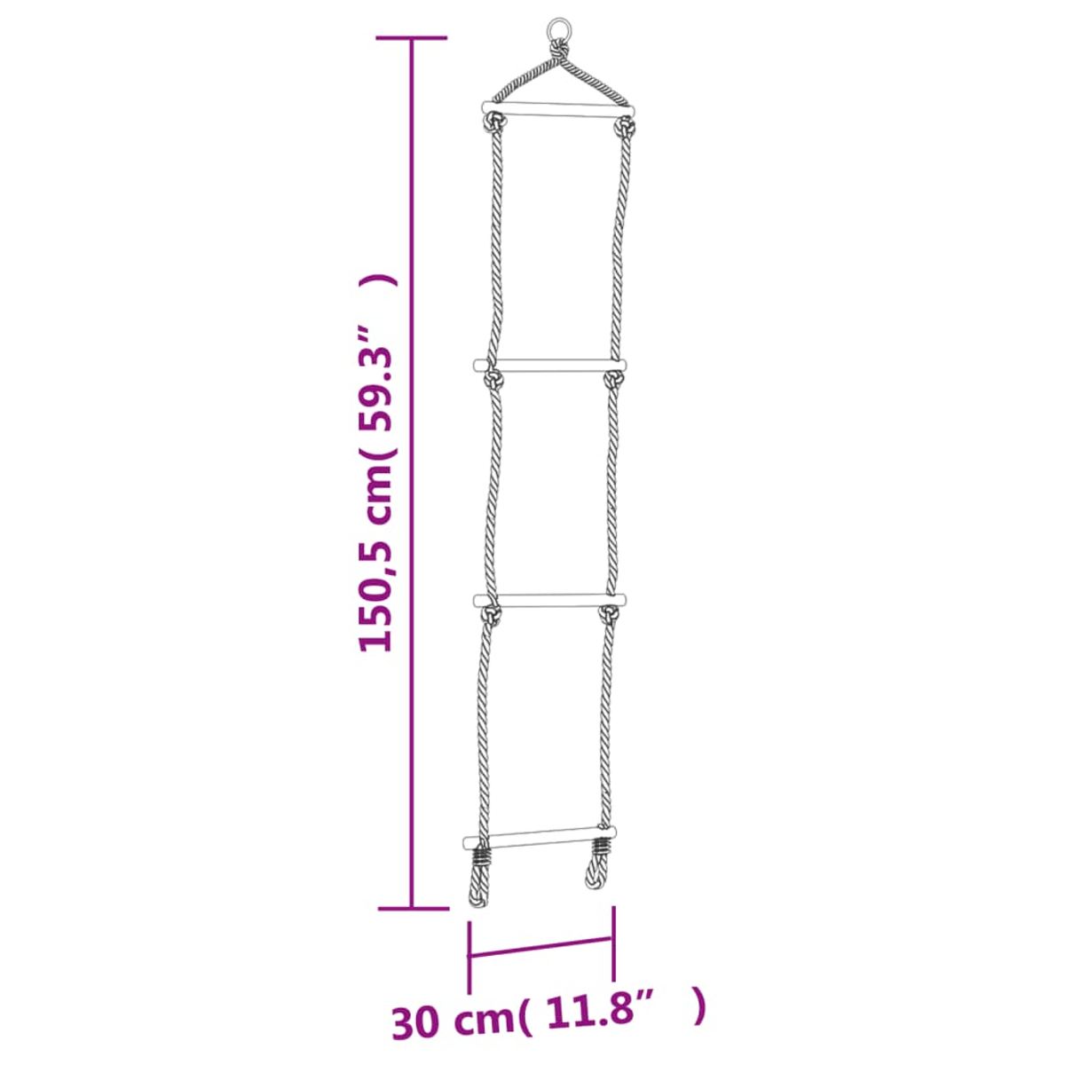 Una scala di corda con pioli in legno appesa su sfondo bianco. Dimensioni indicate: 150,5 cm di altezza e 30 cm di larghezza.