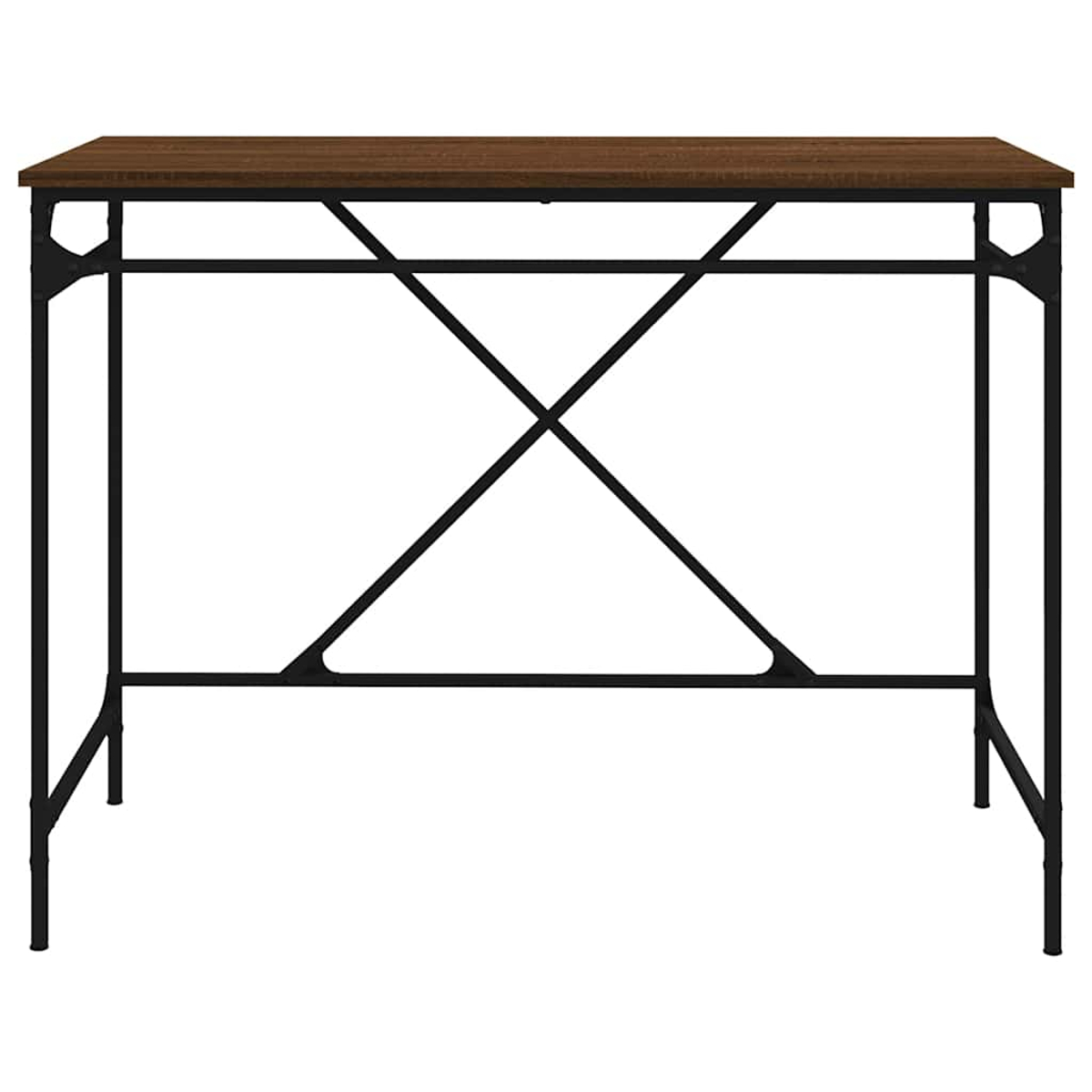 Ein brauner rechteckiger Tisch mit schwarzen Metallbeinen. Die Beine haben eine X-förmige Stütze. Der Tisch ist freigestellt.