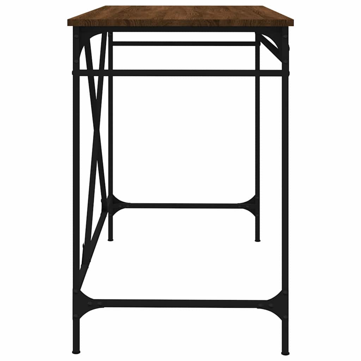 Ein hoher Tisch mit Holzplatte und schwarzen Metallbeinen. Die Beine sind durch horizontale Stangen verbunden. Weißer Hintergrund.