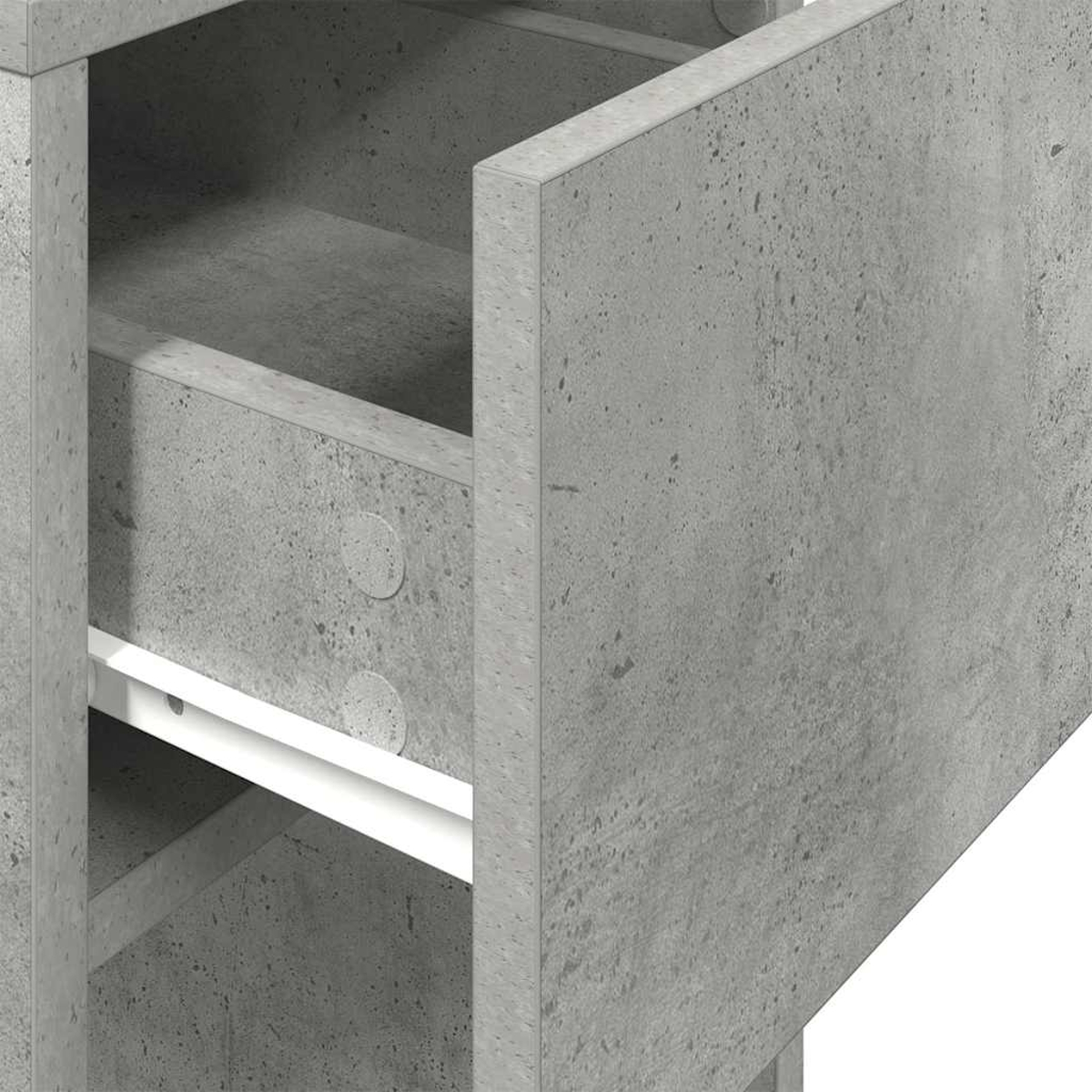 Nahaufnahme eines offenen, grauen Beton-Schranks. Innen sind ein Regal und eine weiße Stützstange sichtbar. Die Schranktür ist geöffnet.