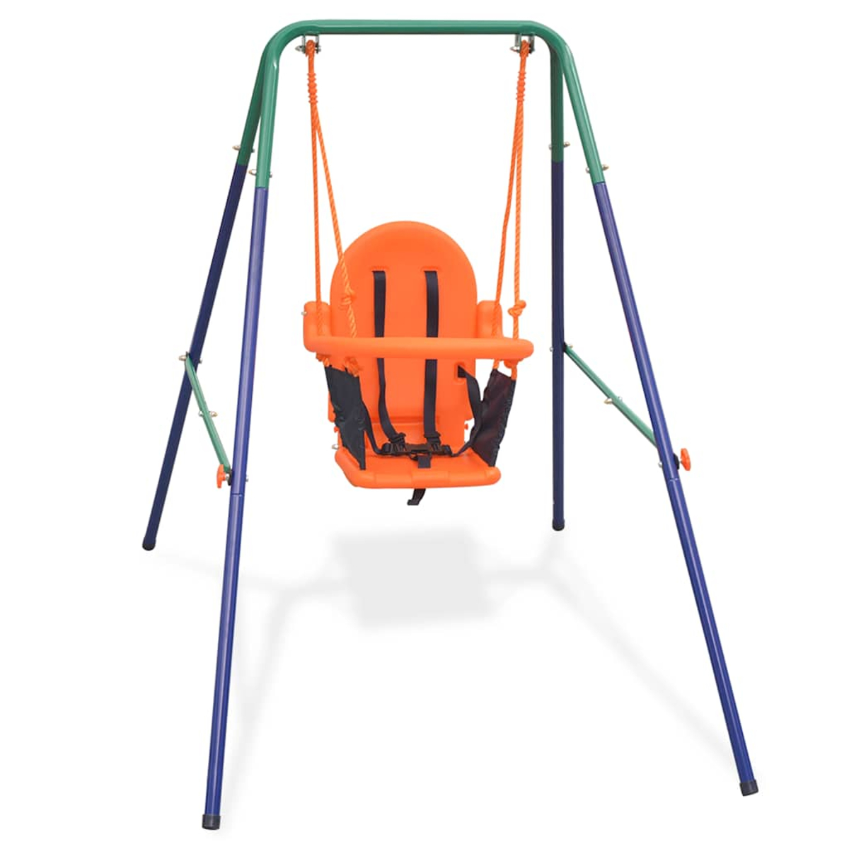 Ein orangefarbener Babyschaukel mit einem grünen und blauen Rahmen. Die Schaukel hat schwarze Riemen und hängt am Rahmen.
