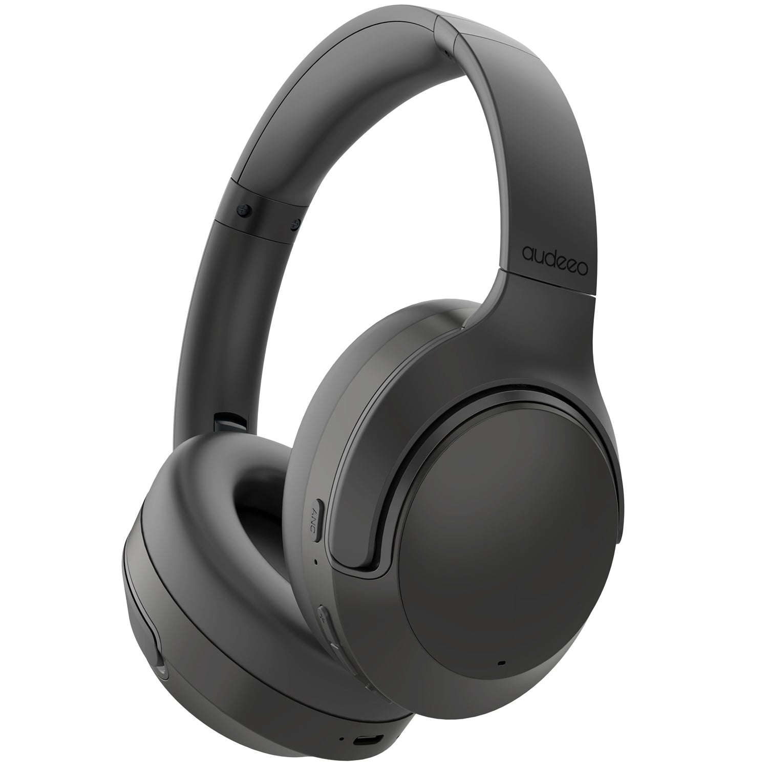 Cuffie over-ear nere, vista angolata. Il marchio 'audeo' è visibile. Le cuffie sono su sfondo bianco.