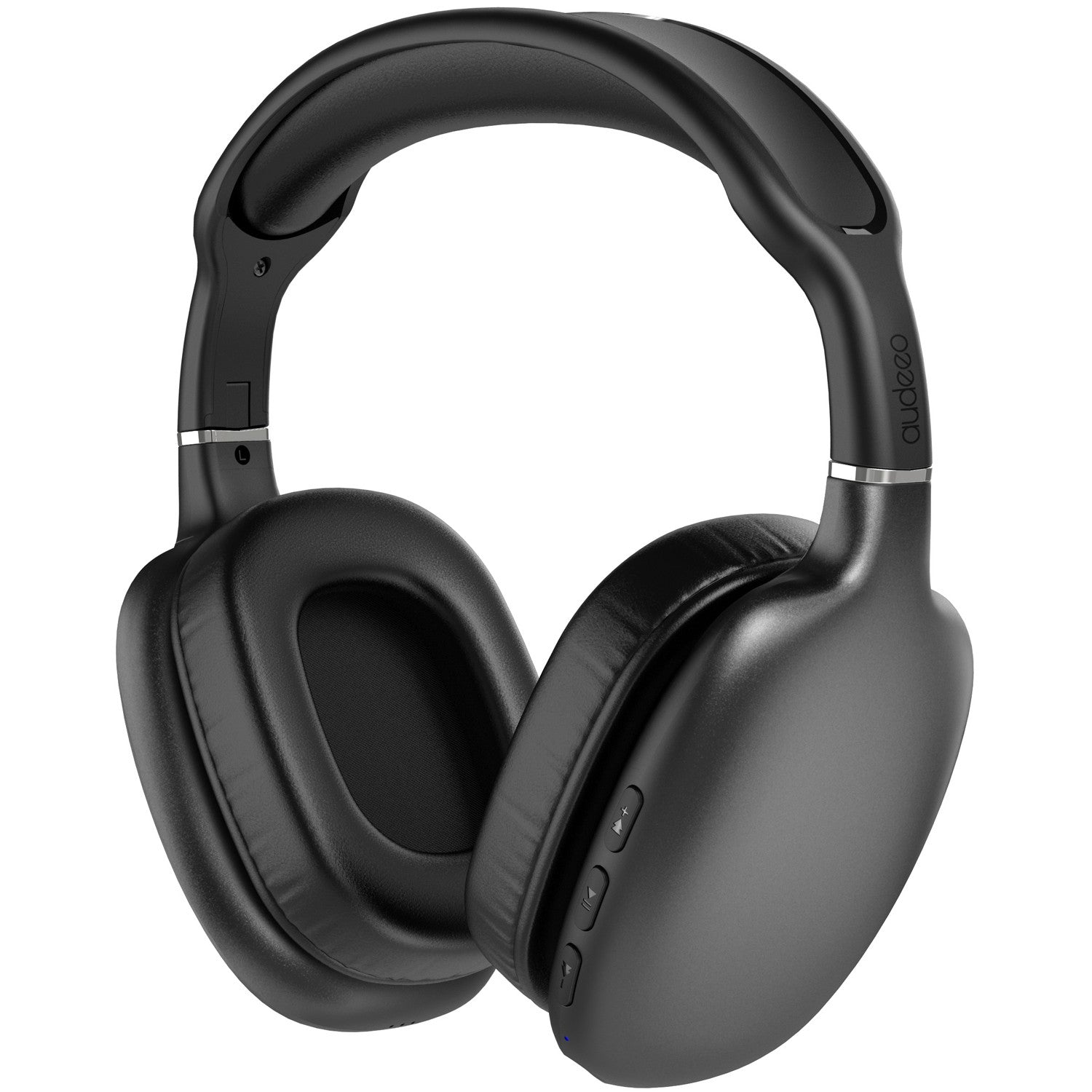 Cuffie nere over-ear con il marchio 'audeoo' sul lato. Le cuffie hanno pulsanti e una fascia argentata.