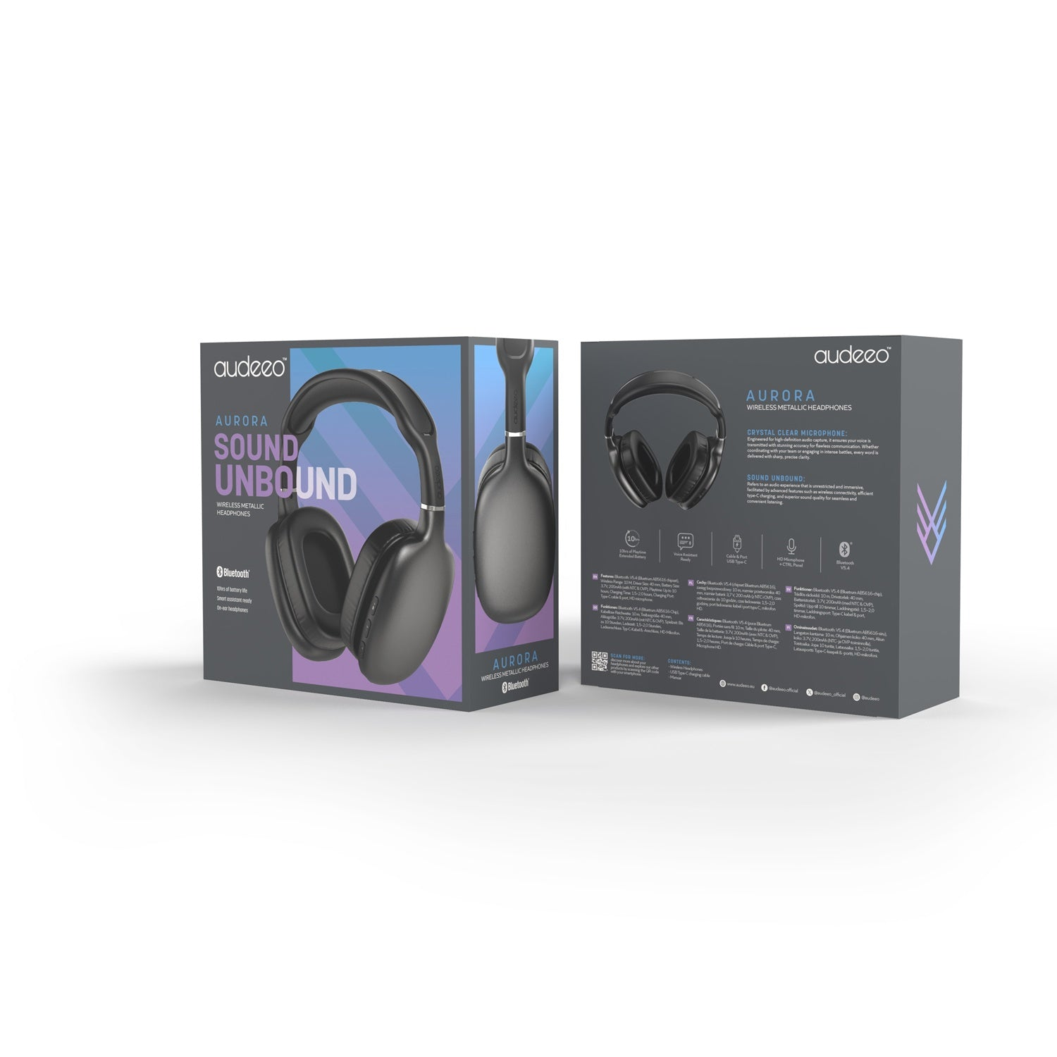 Cuffie wireless nere su scatole. Le scatole mostrano il marchio, il nome del prodotto e le caratteristiche.