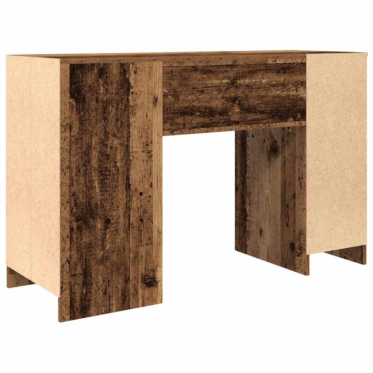 Ein Holzschreibtisch mit brauner, strukturierter Oberfläche. Der Schreibtisch hat eine rechteckige Oberseite und zwei Seitenwände.