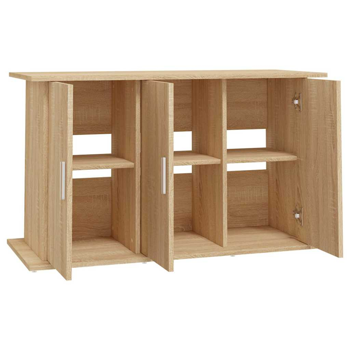 Ein hellbrauner Holzschrank mit offenen Türen und Regalen. Silberne Griffe und Scharniere sind sichtbar.