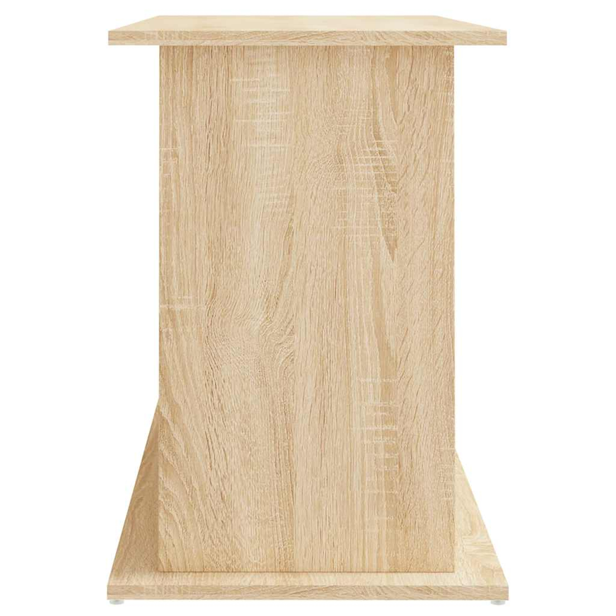 Ein Beistelltisch aus hellem Holzmaserung. Er hat eine rechteckige Oberseite, eine dicke, vertikale Mitte und eine etwas breitere Basis.