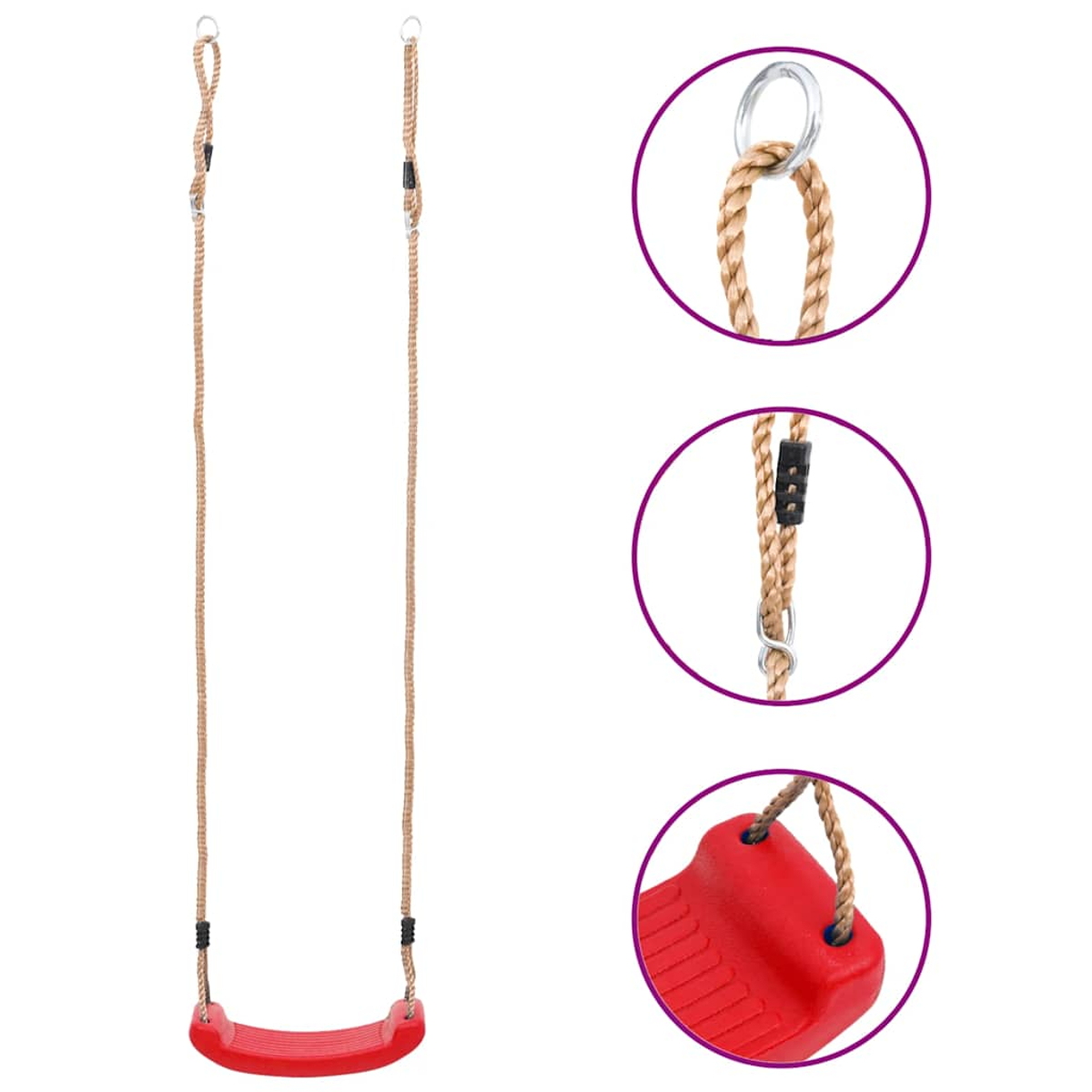 Un seggiolino rosso con corde marroni e anelli metallici. Dettagli mostrano gli attacchi delle corde e il design del sedile.
