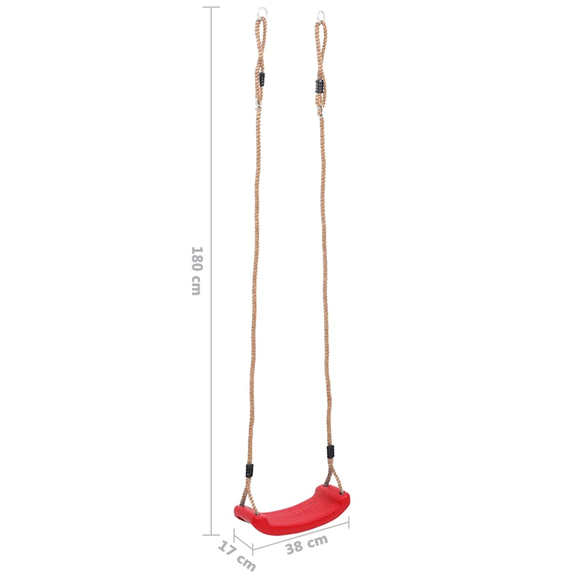 Un seggiolino rosso con corda marrone. Il sedile è largo 38 cm e profondo 17 cm. La corda è lunga 180 cm.