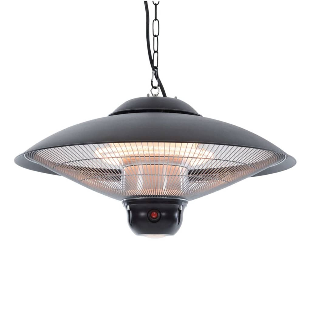 A black, hanging outdoor heater with a chain. It has a rounded top and a wire mesh guard with a red button.
