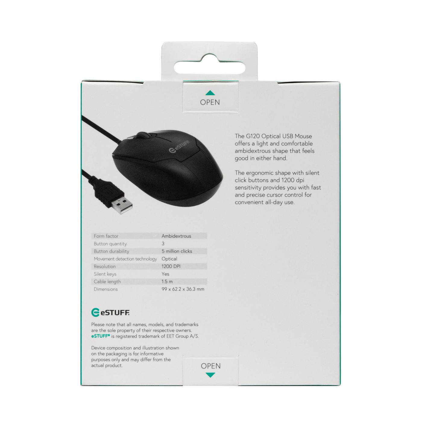 Mouse USB ottico G120 nero nella sua confezione, inclinato verso destra. Include specifiche e il logo eSTUFF.