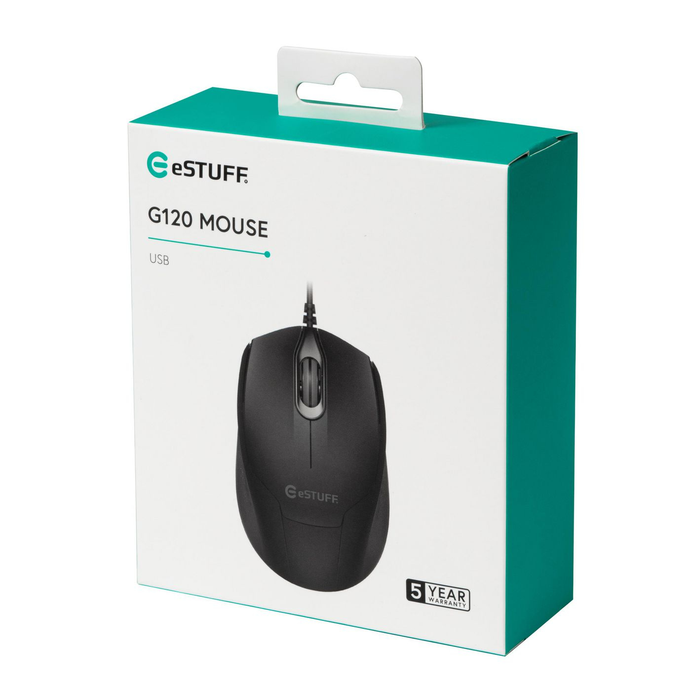 Un mouse eSTUFF G120 nero in una scatola. La scatola è bianca e verde acqua, con il nome del prodotto e un adesivo di garanzia di 5 anni.