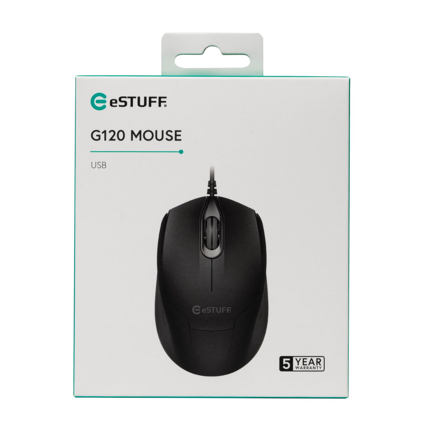 Un mouse eSTUFF G120 nero nella sua scatola. La scatola è bianca con dettagli verdi e un adesivo di garanzia di 5 anni.