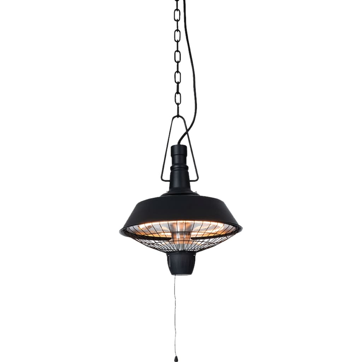 Een zwarte hangende verwarmingslamp. Het heeft een ketting, een zwarte draad en een trekkoord. De lamp heeft een gaasafdekking en een reflecterend interieur.
