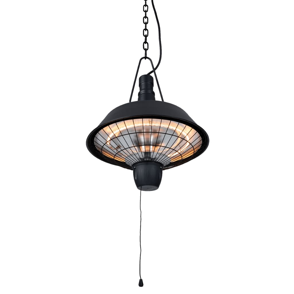 Een zwarte, schotelvormige infraroodverwarmer die aan een ketting is opgehangen. Hij heeft een beschermend draadgaas en een trekkoord.
