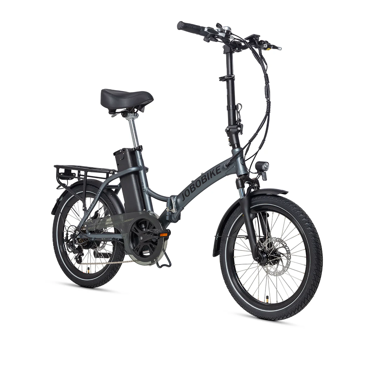 Szary składany rower elektryczny JOBOBIK. Ma czarne opony, czarne siodełko i akumulator. Tło jest białe.
