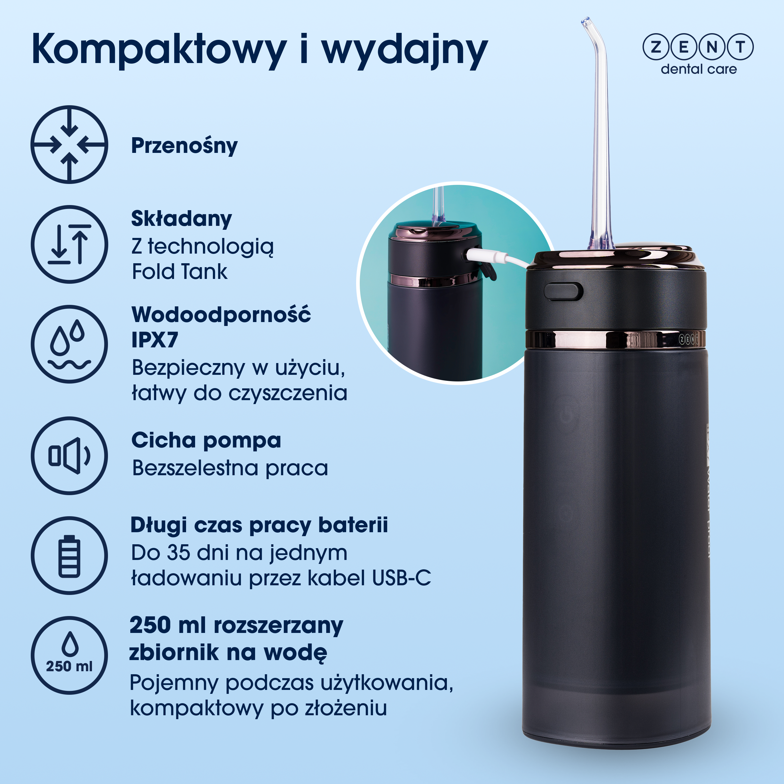 Czarny i różowo-złoty irygator dentystyczny z białym kablem. Tekst po lewej opisuje funkcje.