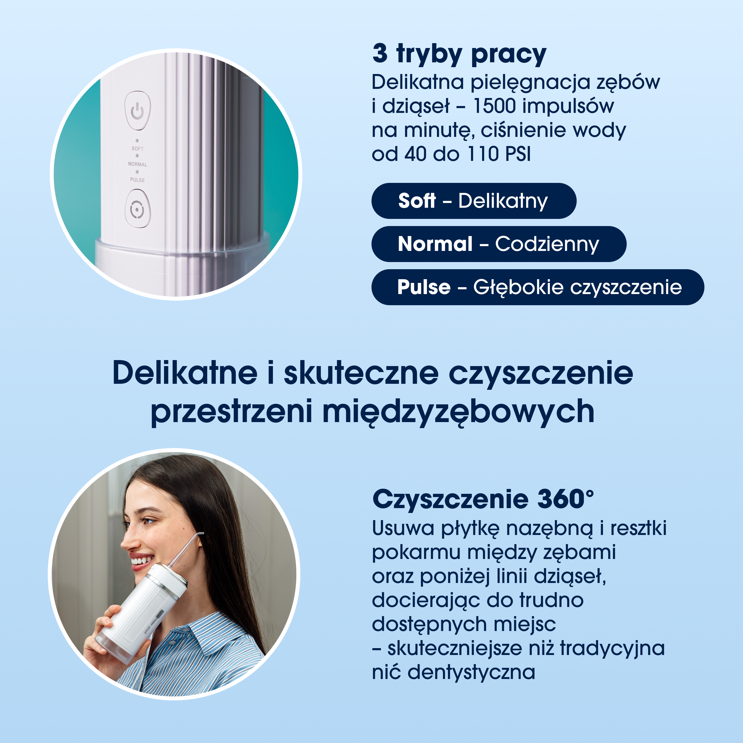 Obraz przedstawia urządzenie do czyszczenia zębów z polskim tekstem, szczegółowo opisującym jego cechy i zalety, w tym kobietę, która go używa.