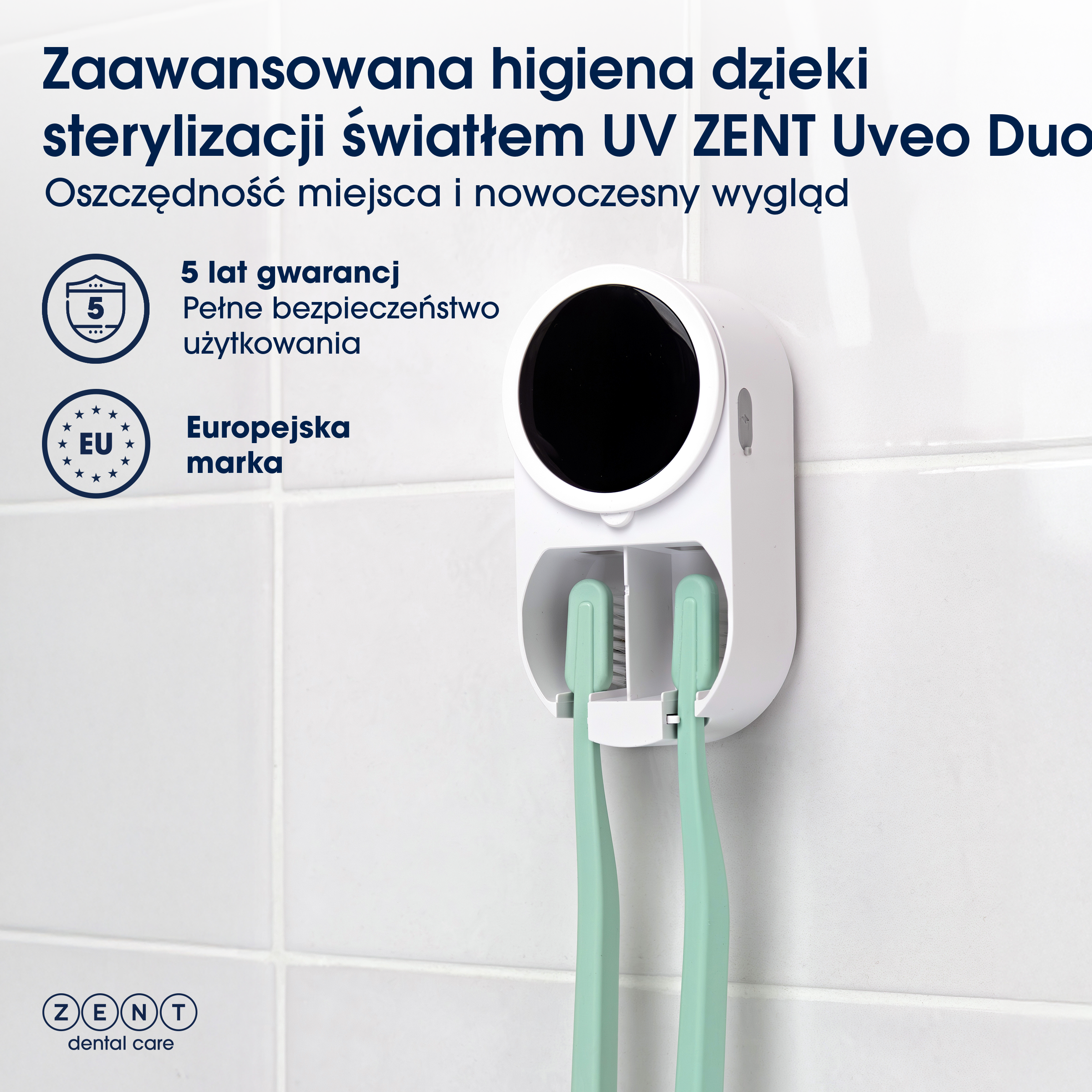 Biały uchwyt na szczoteczki do zębów z dwiema zielonymi szczoteczkami. Teksty w języku polskim. Znak UE i 5 lat gwarancji.
