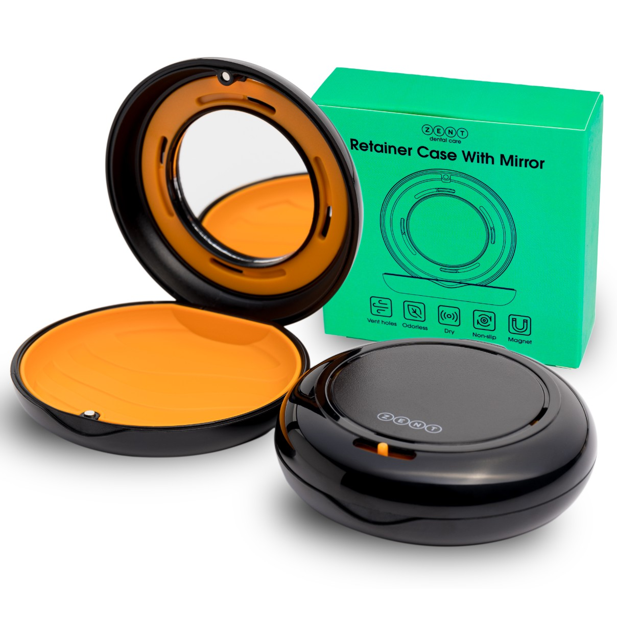 Czarny pojemnik na aparat retencyjny z lusterkiem, otwarty. Pomarańczowe wnętrze. Zielone pudełko w tle. Na pudełku napis 'Retainer Case With Mirror'.