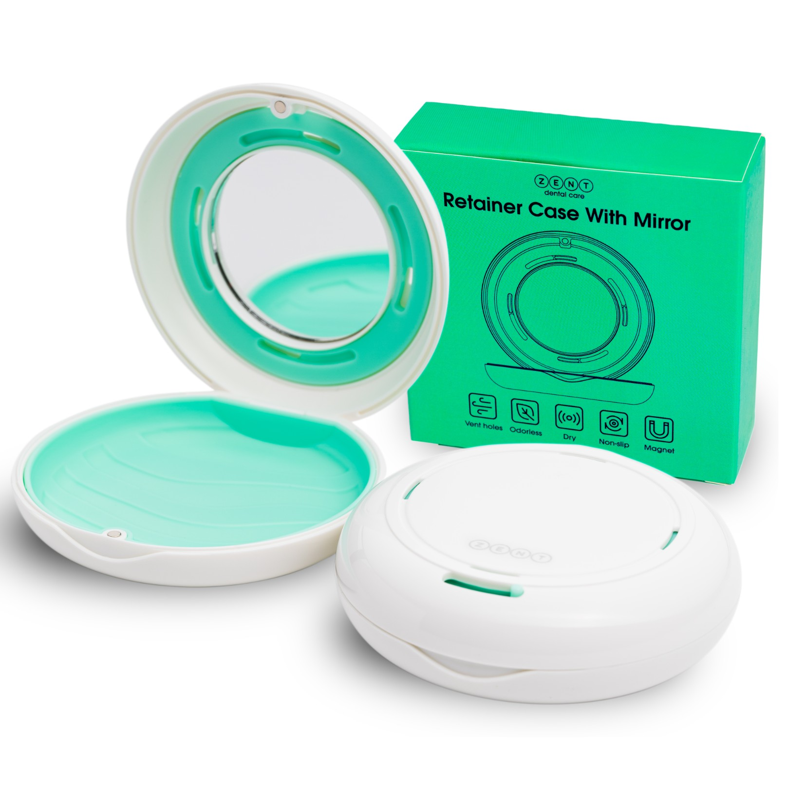 Białe etui na aparat retencyjny z lusterkiem, otwarte i zamknięte. Zielone pudełko z napisem 'Retainer Case With Mirror'.