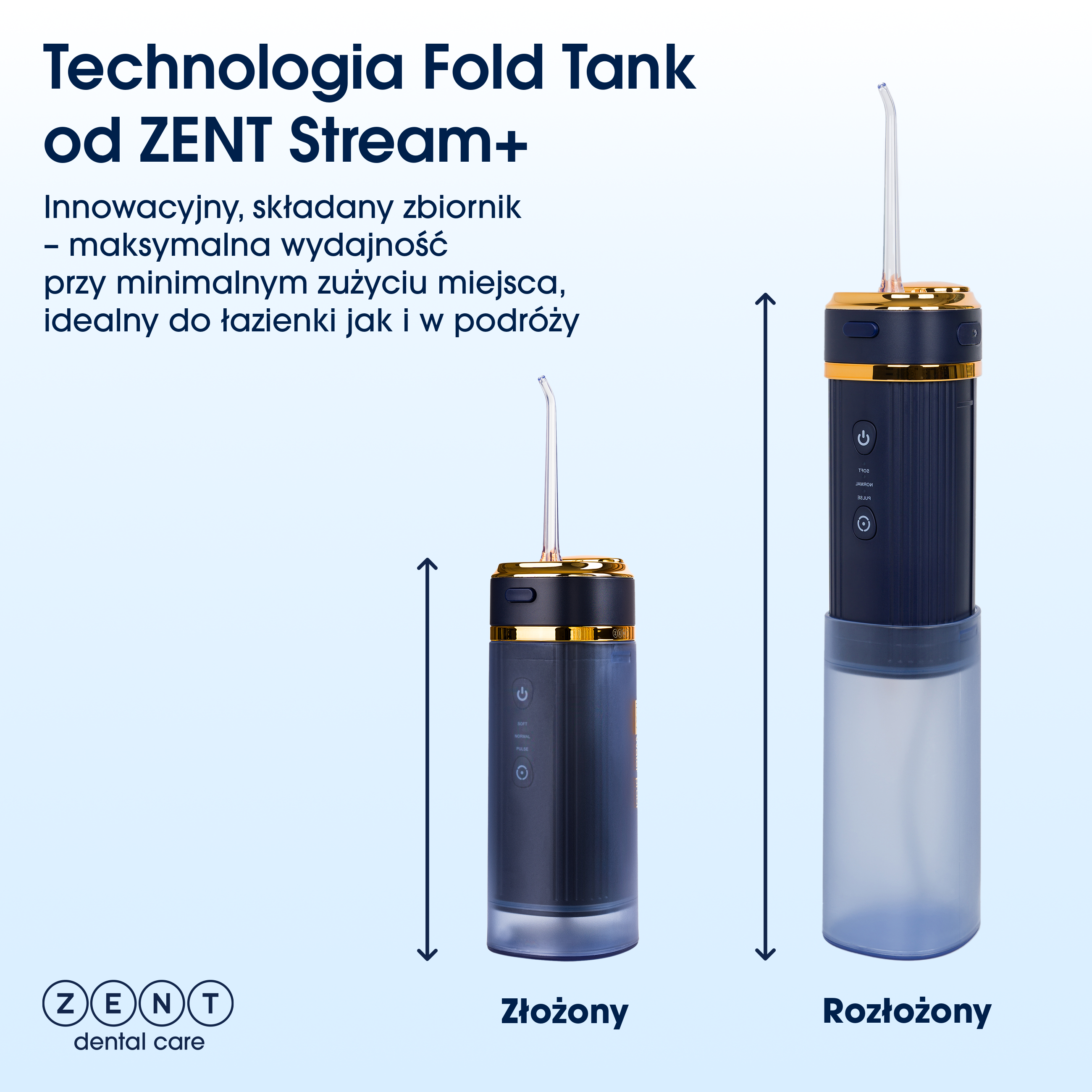Obraz przedstawia składaną irygator do zębów, złożony i rozłożony, z tekstem o jego funkcjach i marce.