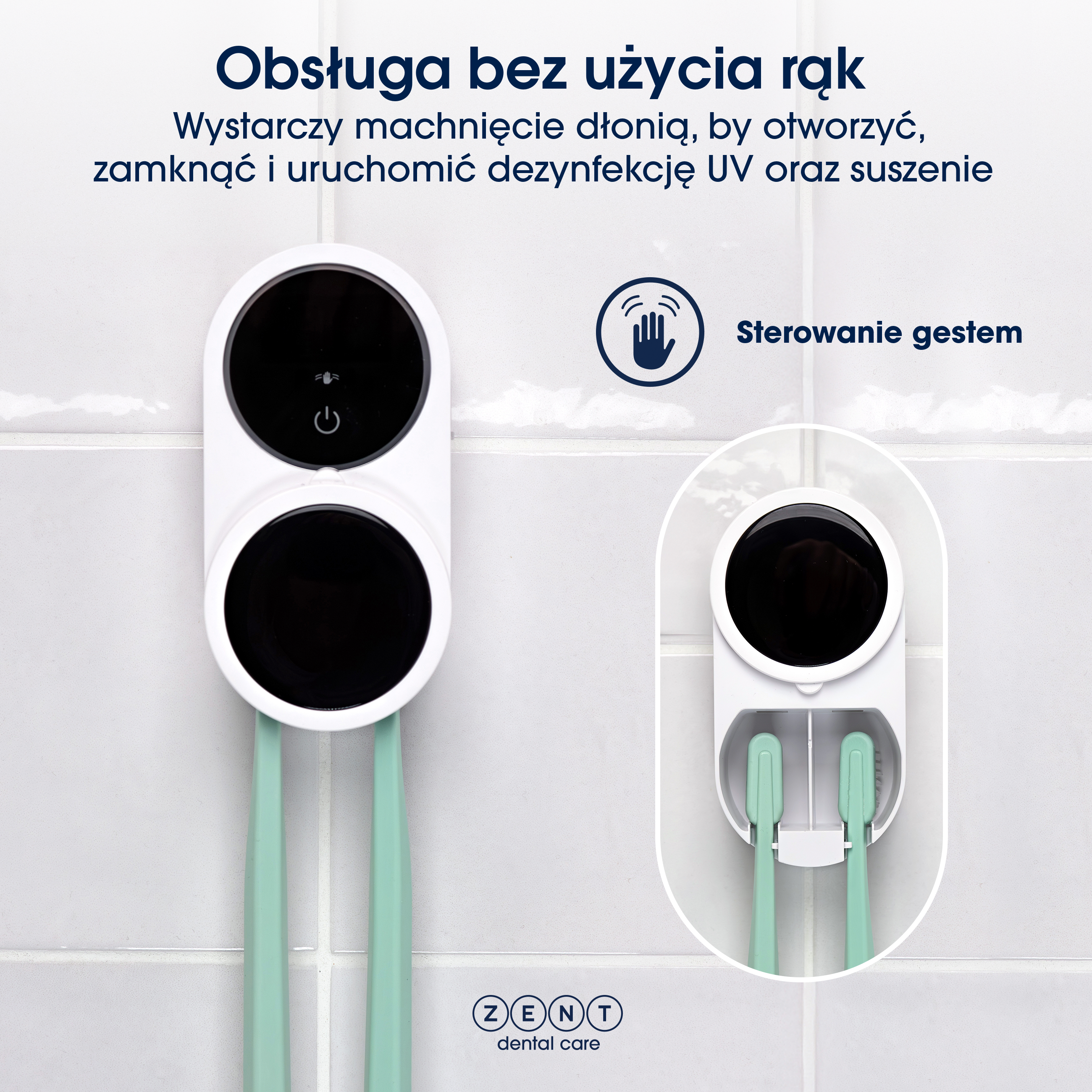Białe urządzenie na kafelkowej ścianie. Trzyma dwie zielone szczoteczki. Tekst: 'Obsługa bez użycia rąk'.