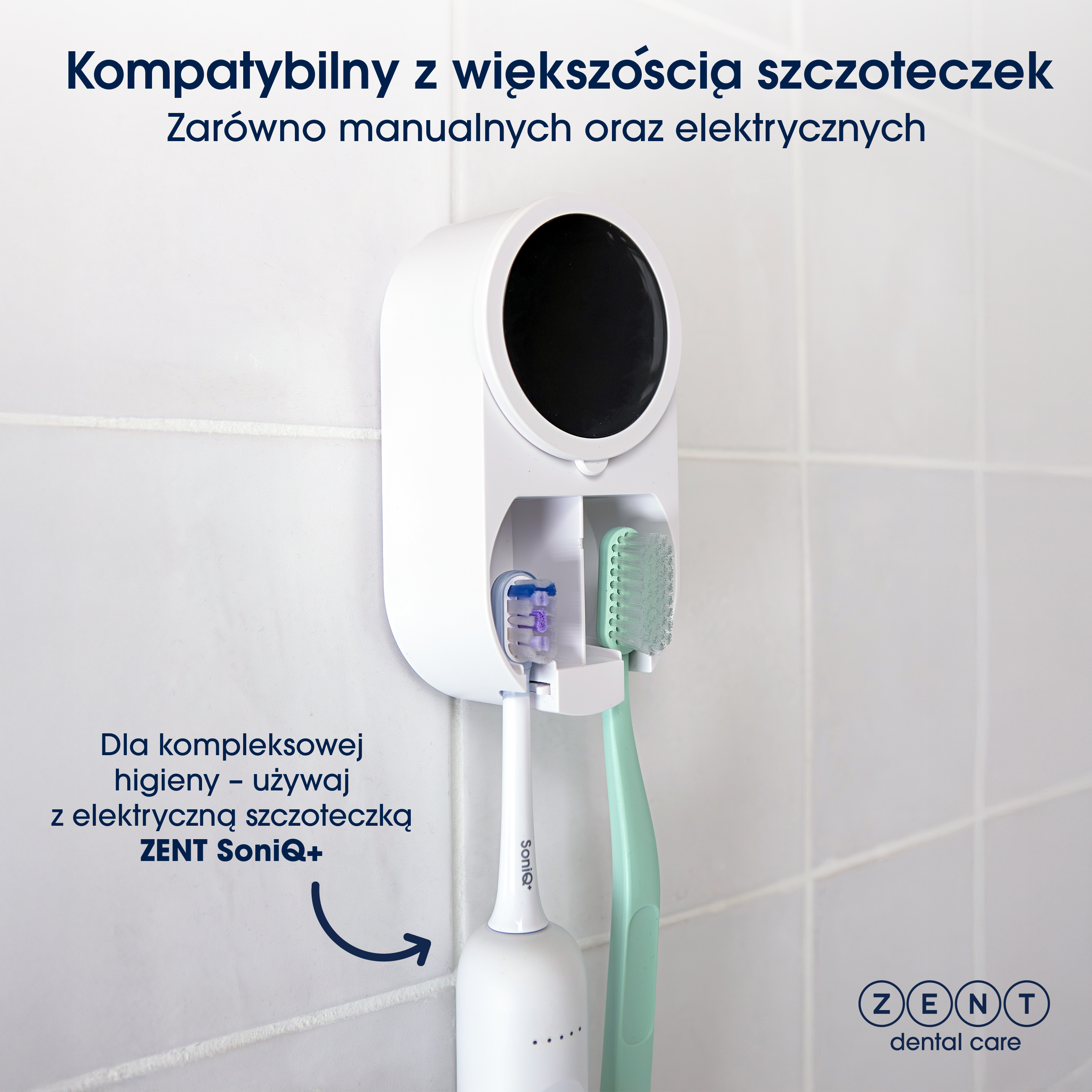 Biały uchwyt na szczoteczki do zębów z dwiema szczoteczkami. Jedna jest biała, druga zielona. Tekst na ścianie po polsku.