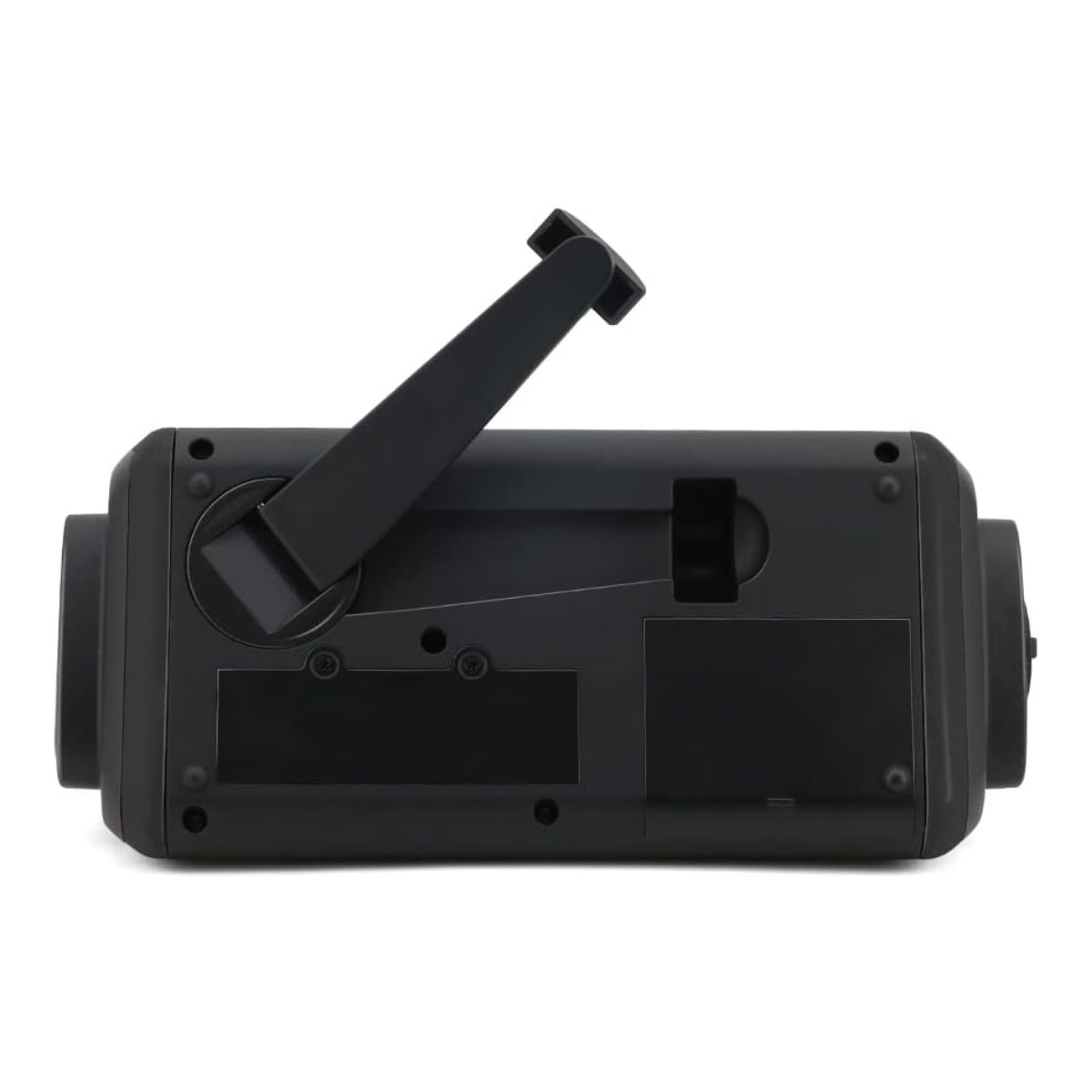 Czarne prostokątne urządzenie z uchwytem. Uchwyt jest podniesiony. Jest kilka małych, prostokątnych otworów.