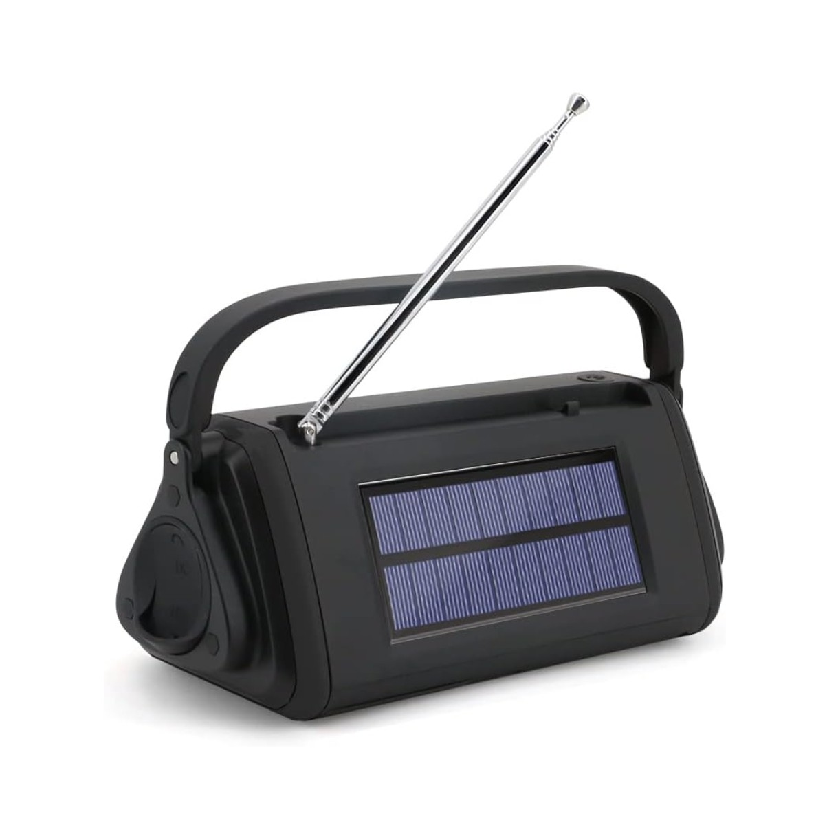Czarno-białe radio zasilane energią słoneczną z uchwytem i wysuwaną anteną. Z przodu niebieski panel słoneczny.