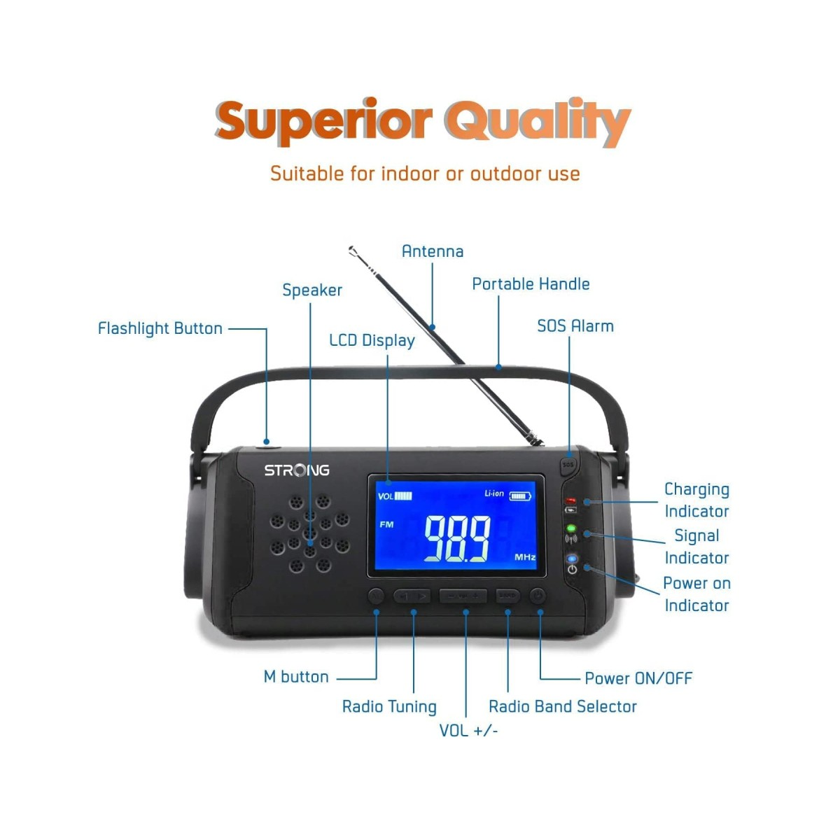Czarny radio z anteną, ekran LCD wyświetlający 98,9 MHz. Oznaczone przyciski i wskaźniki. Tekst "Superior Quality" jest u góry.