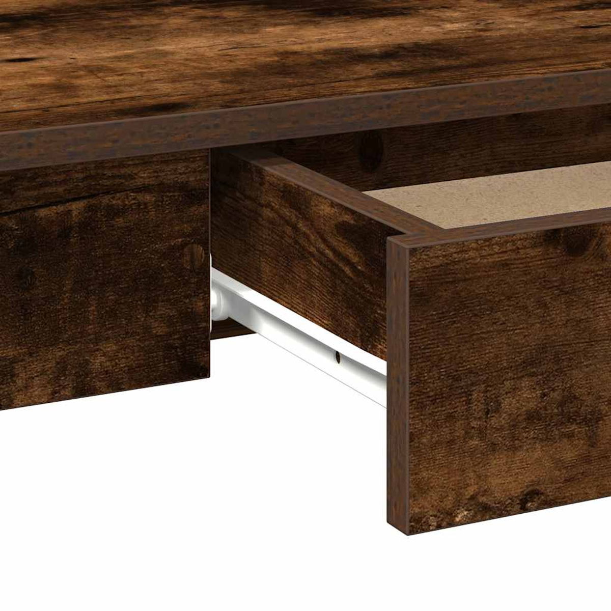Nahaufnahme eines Holzschreibtisches mit geöffneter Schublade. Dunkelbraunes Holz mit sichtbarer Maserung. Weiße Schubladenführung sichtbar. Beiger Innenraum.
