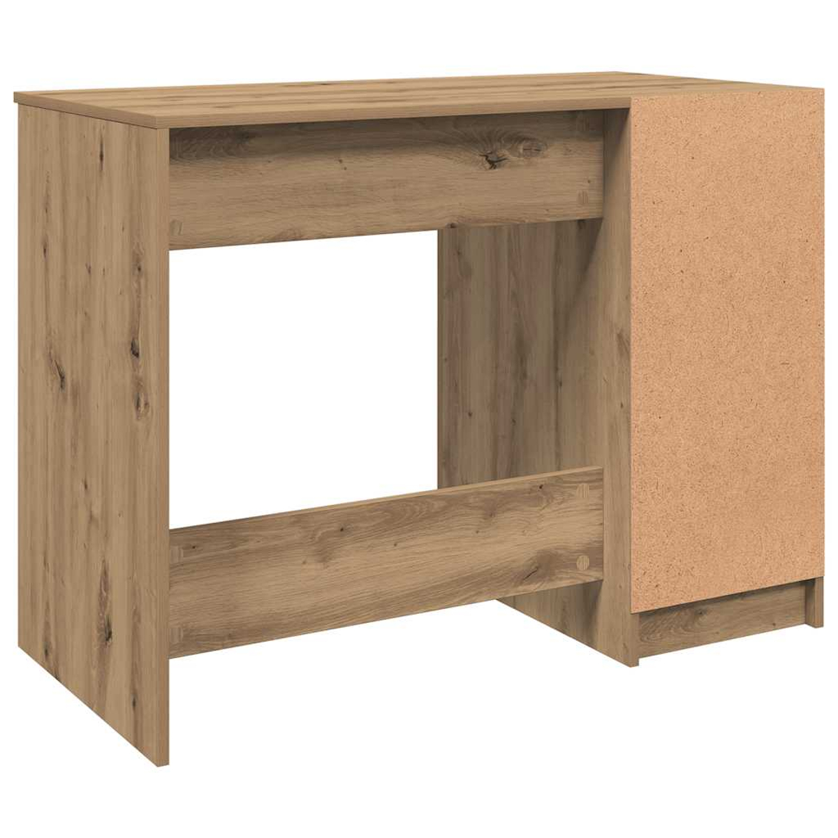 Ein Holzschreibtisch mit hellbraunem Finish. Er hat eine rechteckige Oberseite und einen großen offenen Bereich für einen Stuhl.
