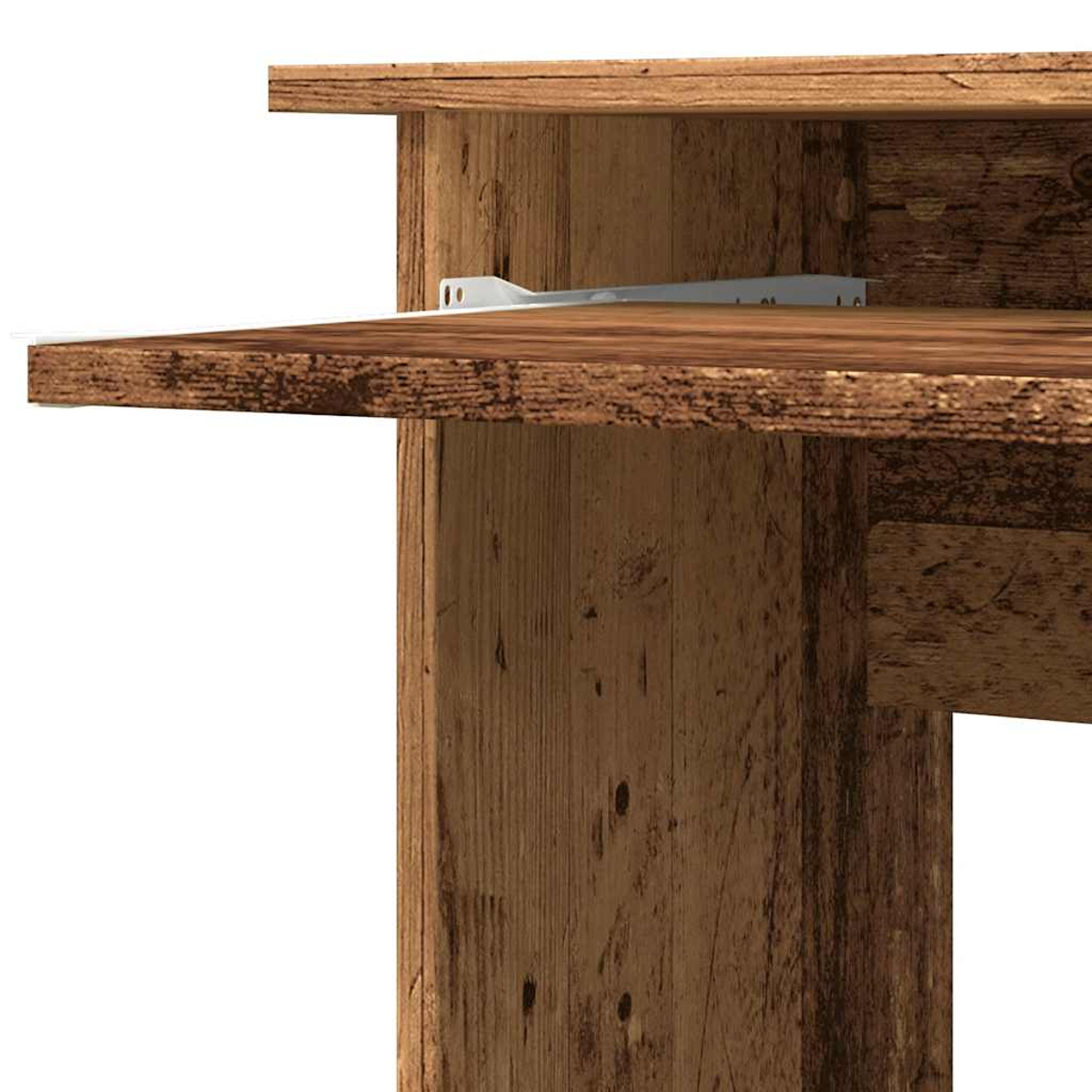 Nahaufnahme eines Holzregals mit weißer Metallstütze. Das Holz hat eine braune, rustikale Textur. Der Hintergrund ist schlicht.