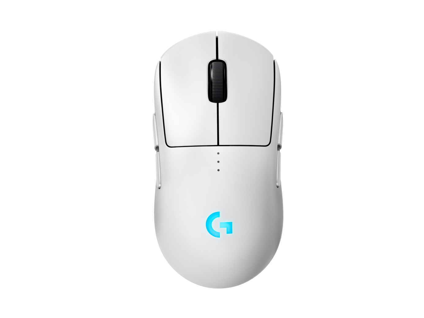 Biała mysz gamingowa Logitech. Posiada czarne kółko przewijania, czarne linie i świecące na niebiesko logo 'G'.