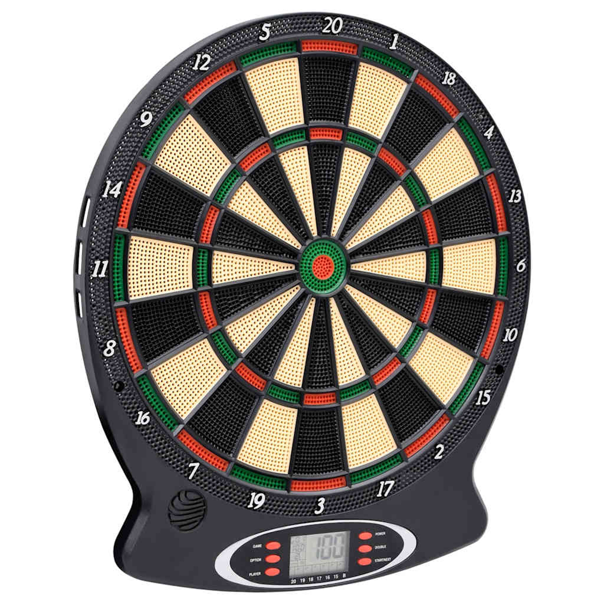Eine schwarze elektronische Dartscheibe mit nummerierten Abschnitten. Das Board hat Segmente in Schwarz, Beige, Rot und Grün. Eine Digitalanzeige ist sichtbar.