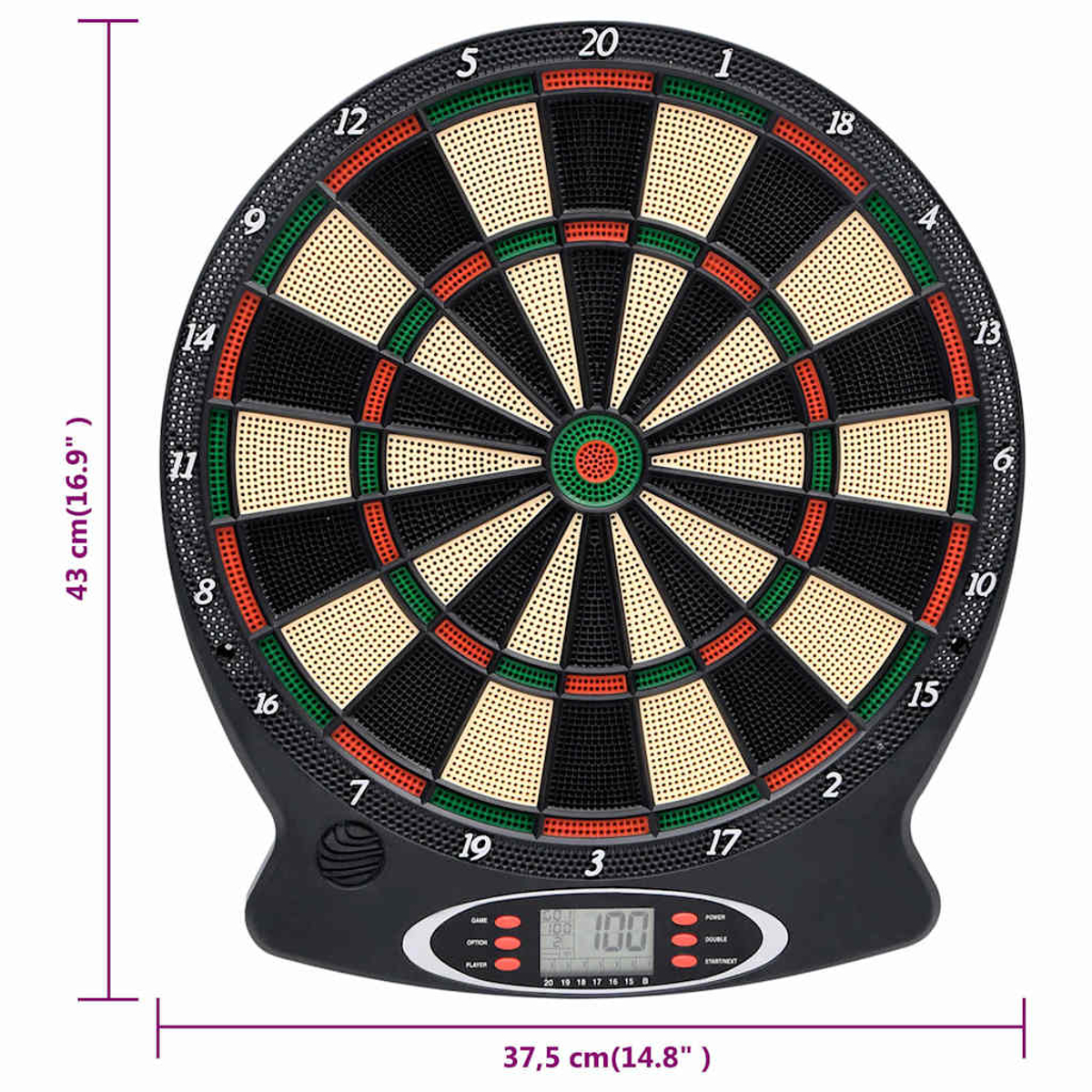 Eine digitale Dartscheibe mit schwarzem Hintergrund, nummerierten Abschnitten, einem zentralen Bullseye und einer elektronischen Anzeige.