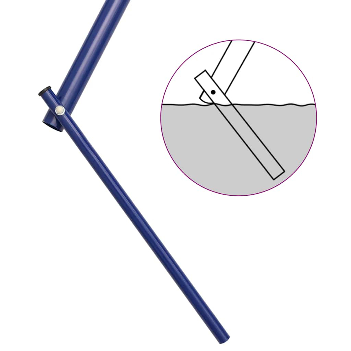 Eine blaue Metallstange mit einem Gelenk und einem kreisförmigen Einsatz, der ein Diagramm eines Werkzeugs in einer Flüssigkeit zeigt.