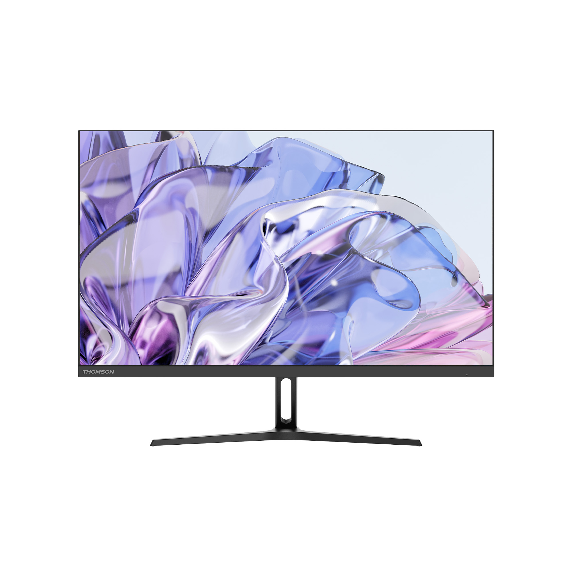 Ein flacher Computermonitor mit schwarzem Rahmen und Ständer. Der Bildschirm zeigt ein farbenfrohes, abstraktes Design.