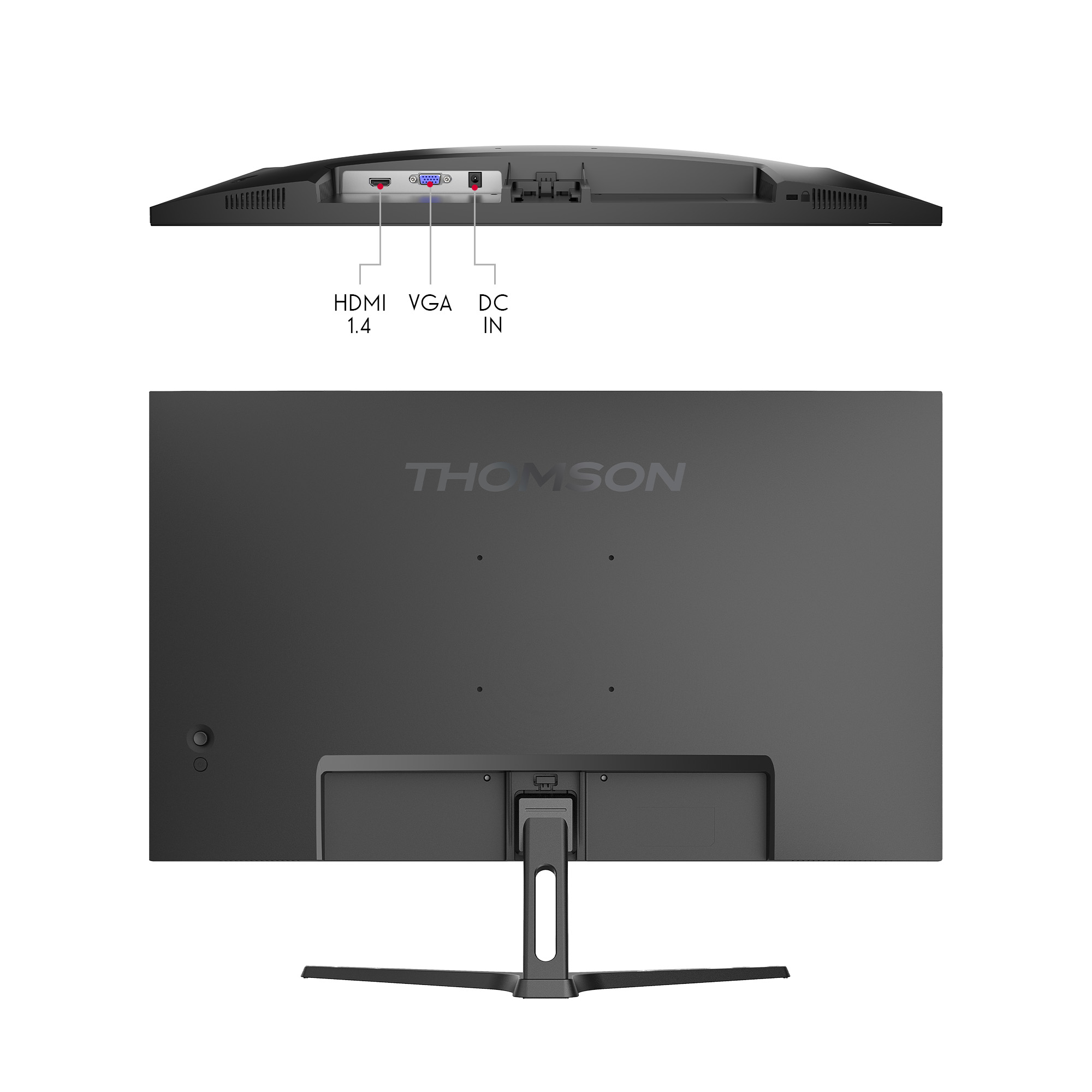 Ein schwarzer Computermonitor mit der Marke THOMSON. Anschlüsse sind HDMI, VGA und DC IN. Der Ständer ist ebenfalls schwarz.
