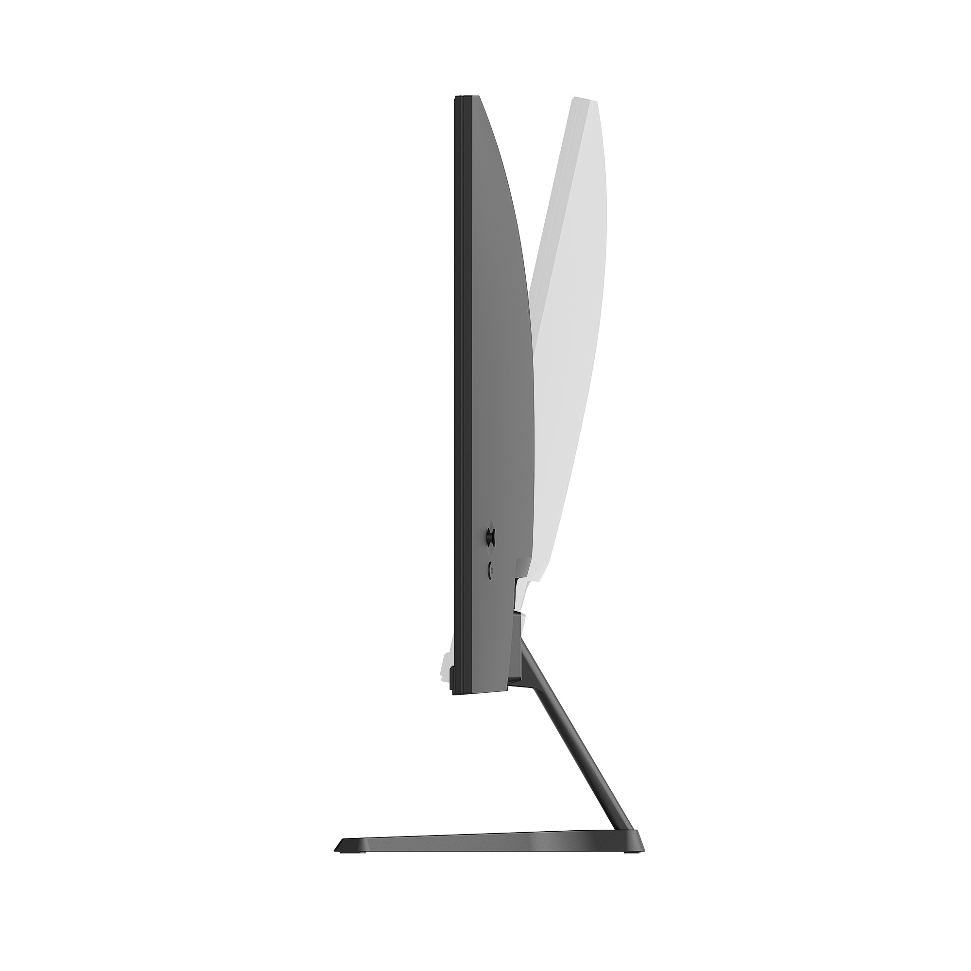 Seitenansicht eines grauen Computermonitors mit schwarzem Ständer auf weißem Hintergrund.